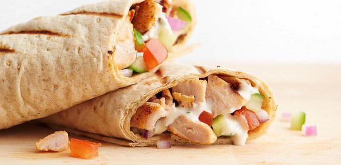 Tavuk ile shawarma en iyi tarifleri. Yemeğin kalori içeriği