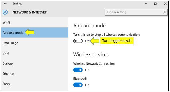 Uçak modunu nasıl kapatırım (Windows 10)? Adresleme